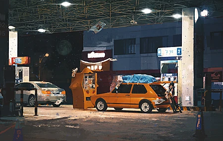 女人 插图 绘画 加油站 车辆 汽车 橙色汽车 月亮 夜晚 4K壁纸