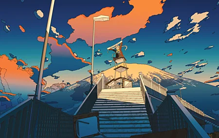 女学生 微笑 张开嘴 数字艺术 插图 云 楼梯 初音未来 桥梁 新年 桌子 雪山 天空 栏杆 双胞胎 围巾 阳光 4K壁纸