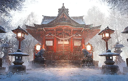 建筑 雾 雪 树木 灯笼 超宽 数字艺术 台阶 雕像 绳索 4K壁纸