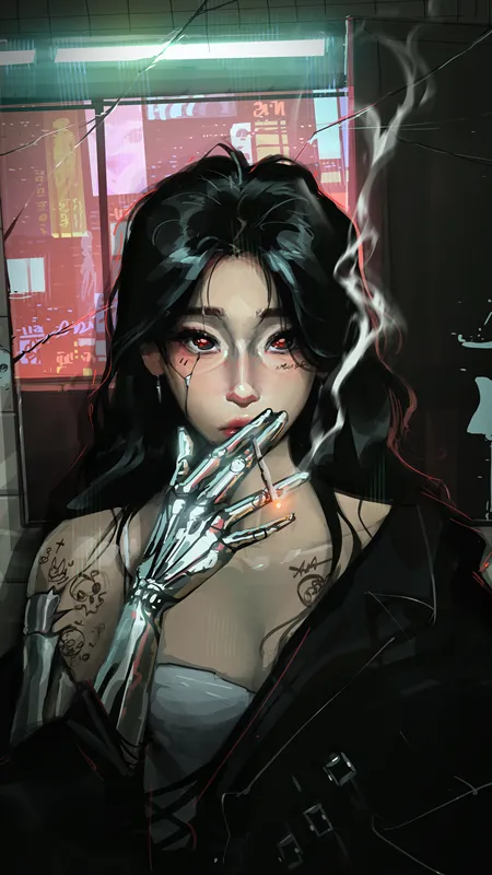 女人 长发 黑发 插图 数字绘画 肖像 室内 浴室 倒影 纹身 手机壁纸 4K壁纸