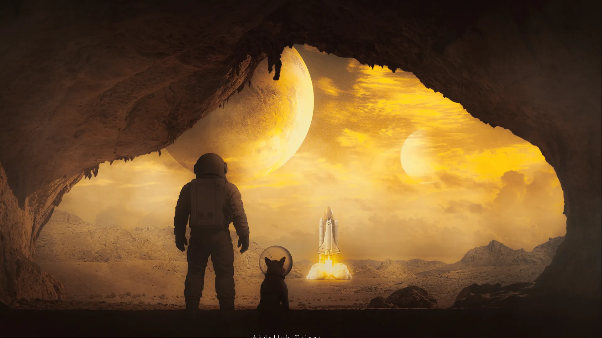 宇航员 太空 火箭 发射 狗耳朵 洞穴 外星 日落 电影 科幻 小说 游戏 风景 幻想岛 4K壁纸