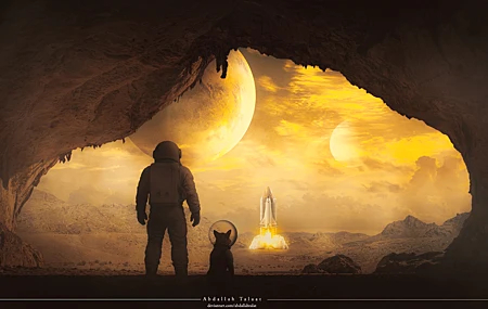宇航员 太空 火箭 发射 狗耳朵 洞穴 外星 日落 电影 科幻 小说 游戏 风景 幻想岛 4K壁纸