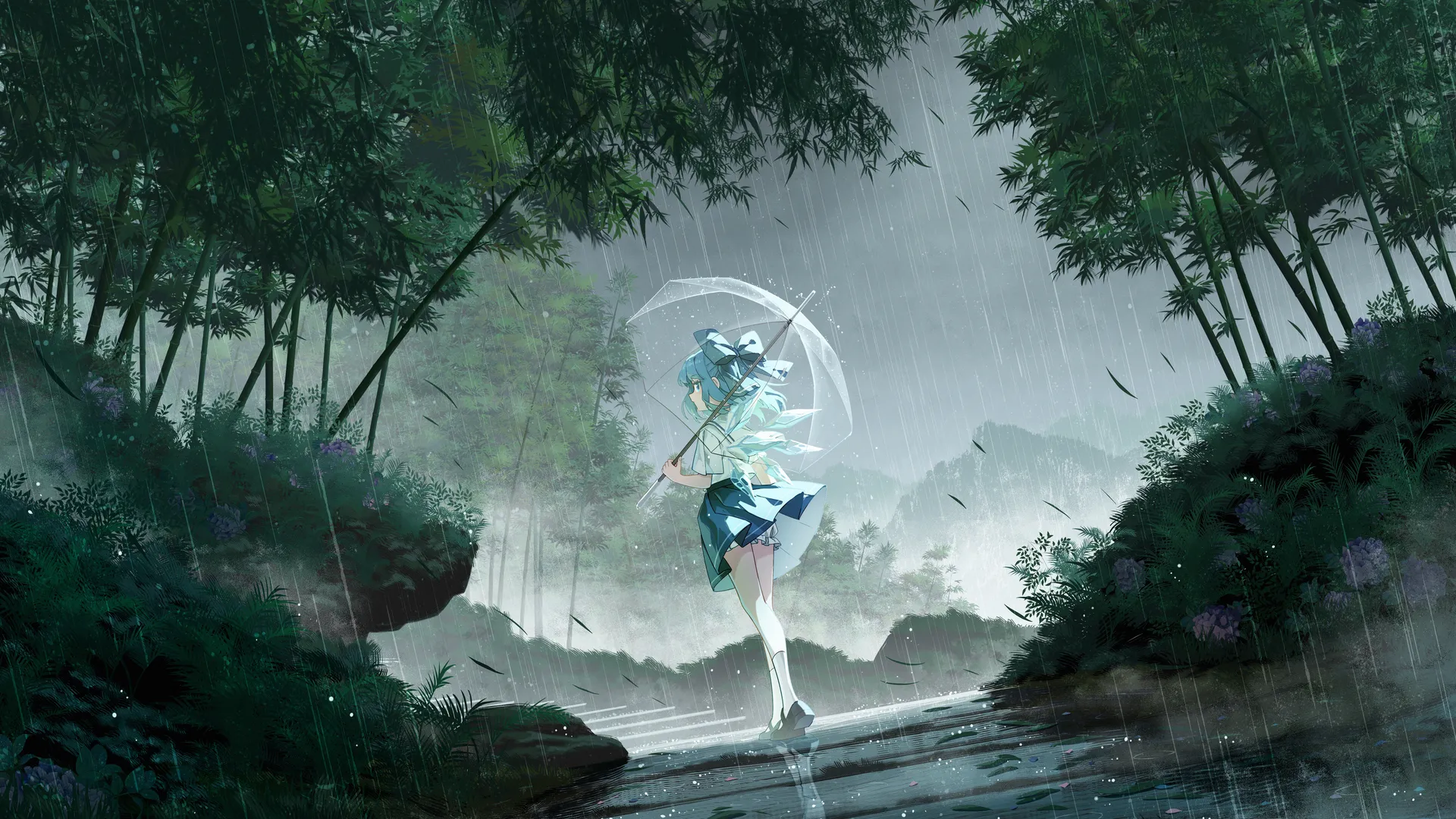 户外 女性 站立 蓝头发 蓝眼睛 走路 女学生 短发 雨伞 竹子 竹林 森林 雨 动漫 女孩 校服 4K壁纸