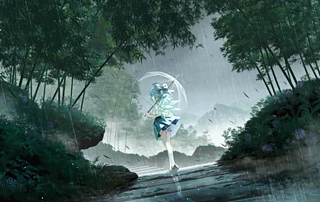户外 女性 站立 蓝头发 蓝眼睛 走路 女学生 短发 雨伞 竹子 竹林 森林 雨 动漫 女孩 校服 4K壁纸