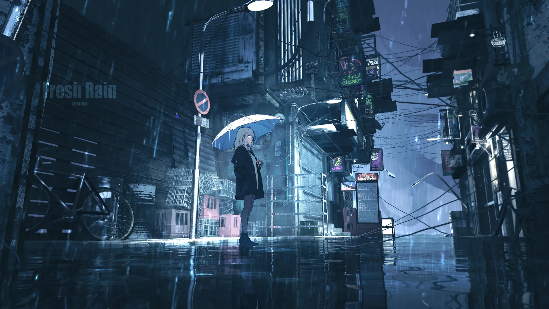 站立 长发 蓝眼睛 动漫 女孩 雨伞 风景 倒影 建筑 路灯 雨 标志 自行车 电缆 超宽 涟漪 水 4K壁纸
