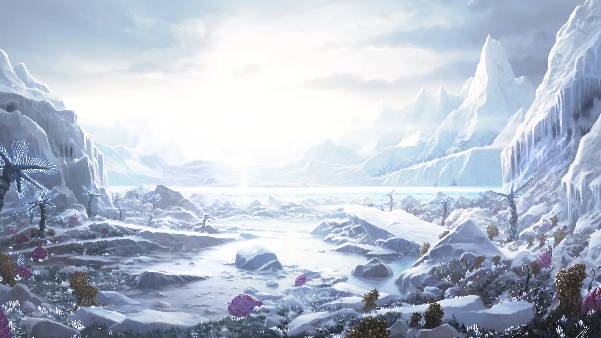 精英 危险 外星 世界 冰冻 湖泊 雪山 花朵 环境 绘画 科幻 小说 风景 阳光 自然 雪 天空 8K壁纸