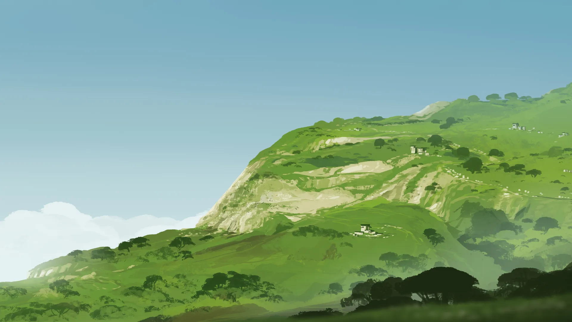超宽 宽屏 插图 数字 绘画 风景 房屋 山脉 自然 树木 天空 绿色 云 4K壁纸