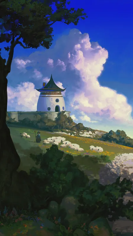 插图 数字 绘画 风景 田野 树木 云 羊 动物 自然 手机壁纸 4K壁纸