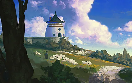插图 数字 绘画 风景 田野 树木 云 羊 动物 自然 手机壁纸 4K壁纸