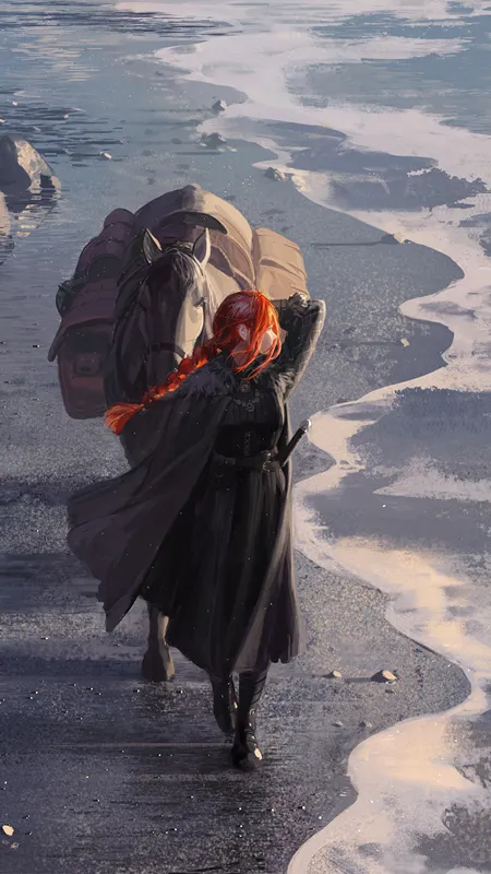 骑士 女人 红发 行走 绘画 马 海滩 手机壁纸 4K壁纸