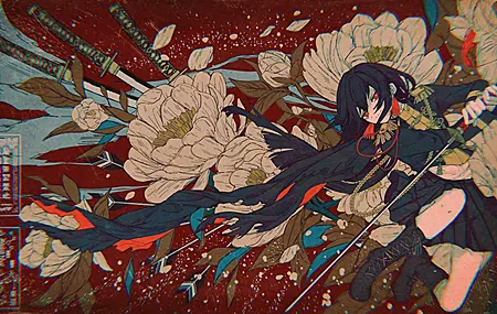 刀 女学生 长发 红眼 微笑 动漫 女孩 鲜花 剑 校服 长袖 黑发 流苏 耳环 制服 裙子 树叶 靴子 4K壁纸