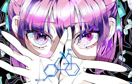 紫色头发手 手指 短发 脸 指甲 动漫 女孩 药物 化学结构 黑色背景 分子模型 药丸 眼睛特写 4K壁纸