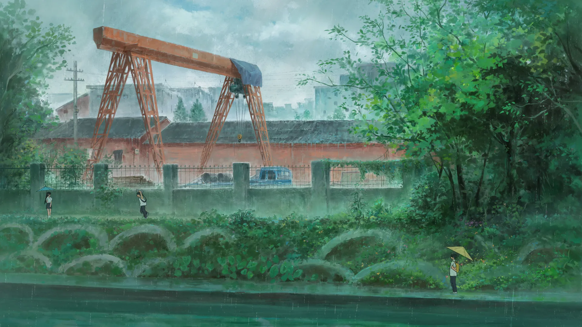 学生 打伞 男孩 女人 女孩 学生 下雨 植物 自然风景 起重机 雨 河 阴天 4K壁纸