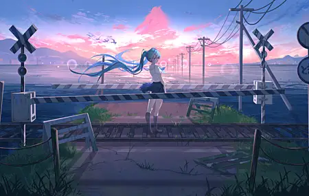 蓝色头发 长发 站立 蓝眼睛 女学生 户外 女人 初音未来 动漫 日落 水 天空 双胞胎 裙子 云 校服 草 铁路 电线杆 阳光 风 8K壁纸