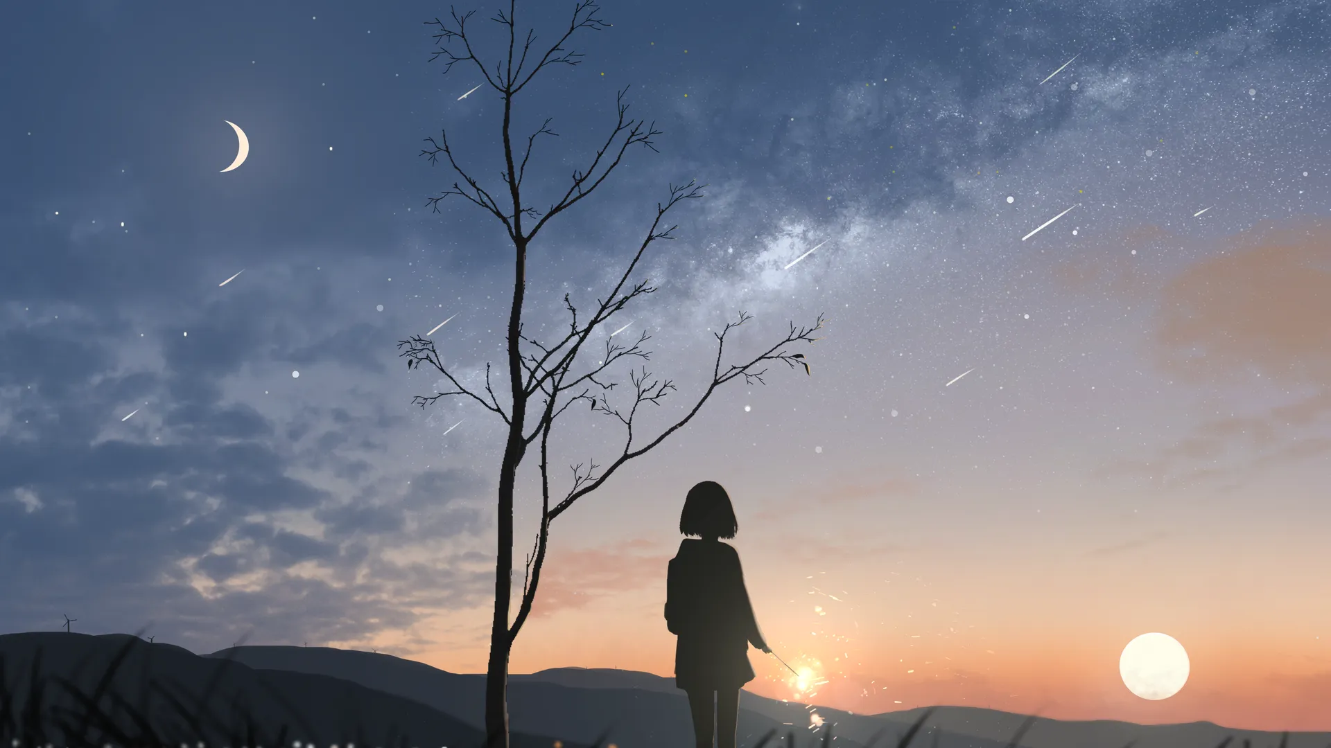 女性 短发 月牙 星空 草 云 动漫 少女 流星 自然 剪影 流星 星星 月亮 太阳 日落 树木 4K壁纸
