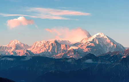 自然 森林 景观 山 雪 天空 云 阳光 4K壁纸
