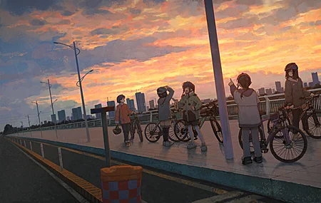 一群人 马尾辫 自行车 日落 户外 尖耳朵 城市 风景 街灯 天空 云彩 高速公路 超宽 动漫 女孩 晚霞 4K壁纸
