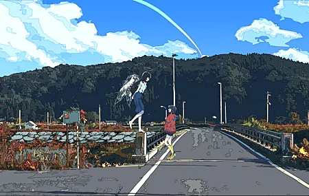 女性 赤脚 闭眼 长发 短发 插图 翅膀 超宽 街道 晴朗天空 桥梁 黑发 蓝色裙子 光环 路灯 电线 红色连帽衫 黄色鞋子 4K壁纸