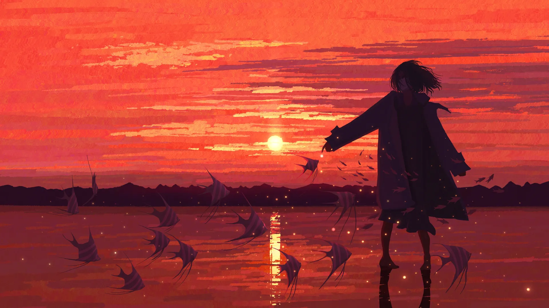 短发 插图 宽屏 日落 夕阳 鱼 剪影 天空 女性 角色 面具 宽松的衣服 4K壁纸