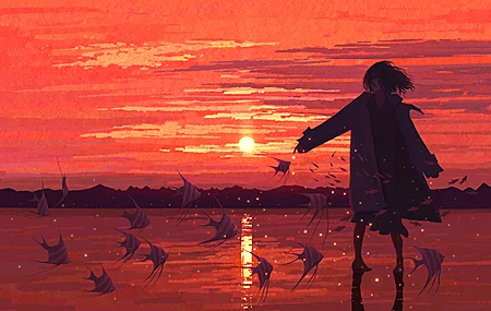 短发 插图 宽屏 日落 夕阳 鱼 剪影 天空 女性 角色 面具 宽松的衣服 4K壁纸