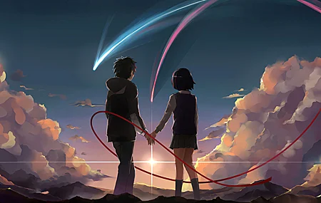 情侣 你的名字 户外 云 红丝带 流星 天空 夕阳 4K壁纸