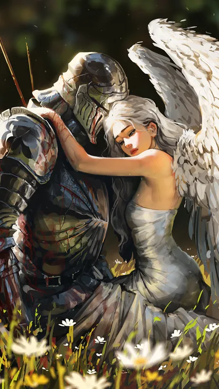 夫妇 骑士 拥抱 女人 长发 白发 坐着 插图 天使 翅膀 植物 鲜花 盔甲 白色连衣裙 阳光 手机壁纸 4K壁纸