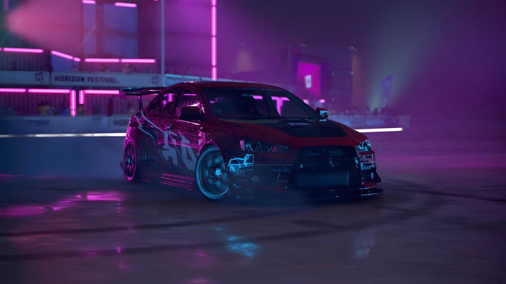 霓虹灯 汽车 宽体 速度 漂移 烟雾 夜雨 竞速 地平线 视频 游戏 车辆 前灯 CGI 屏幕截图 赛车 4K壁纸