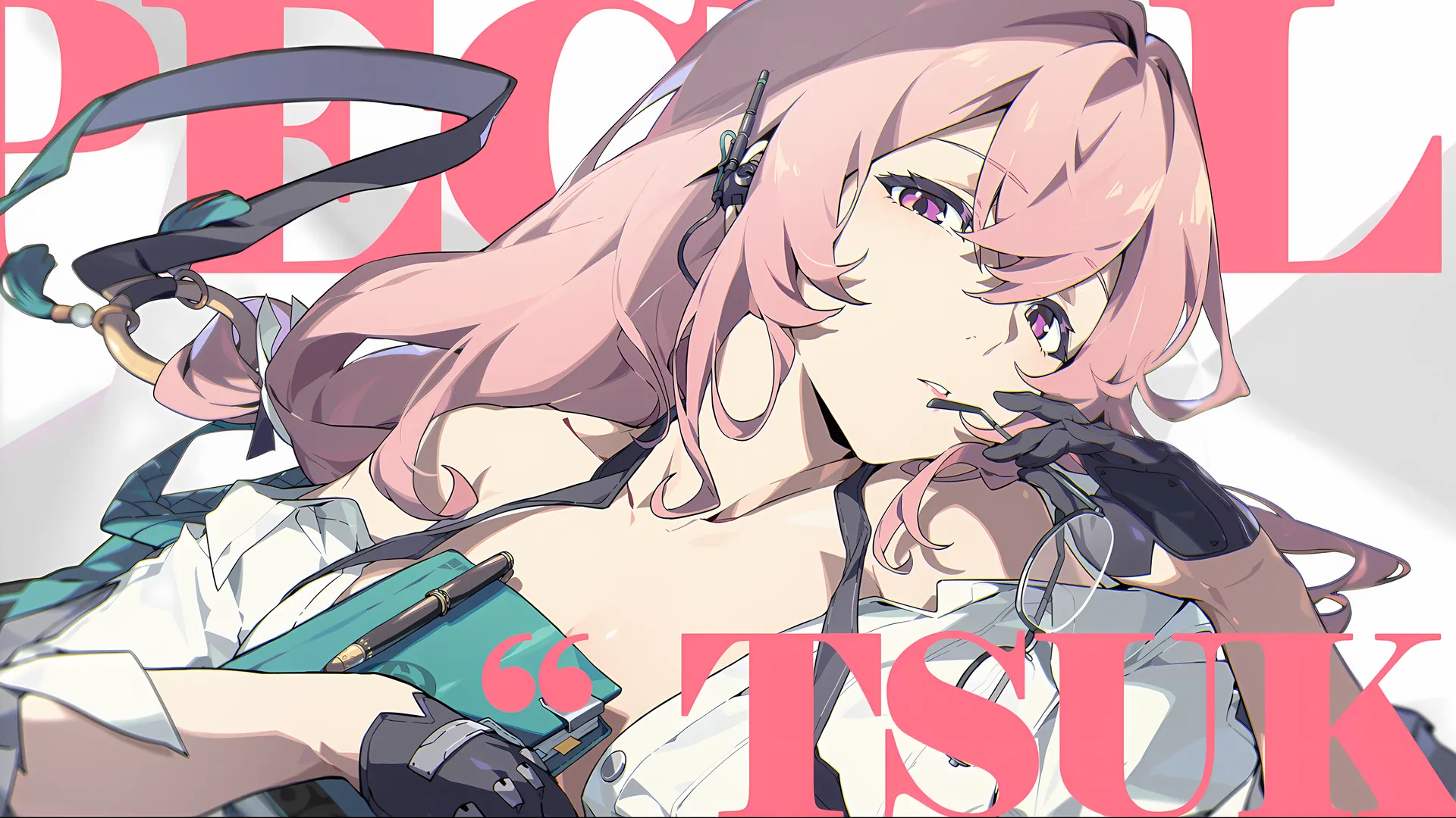 长发 肩膀 粉红头发 锁骨 动漫 女孩 游戏 黑手套 紫色眼睛 流苏 简单背景 耳机 眼镜 4K壁纸