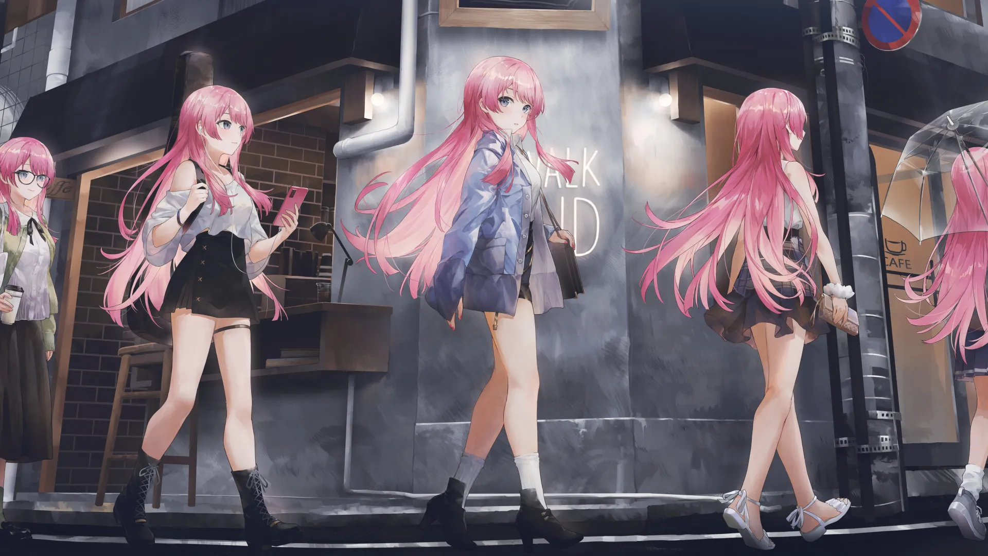 粉红头发 眼镜 女人 女学生 蓝眼睛 肩膀 动漫 女孩 眼镜 电话 裙子 雨伞 长袖 校服 钱包 高跟鞋 8K壁纸