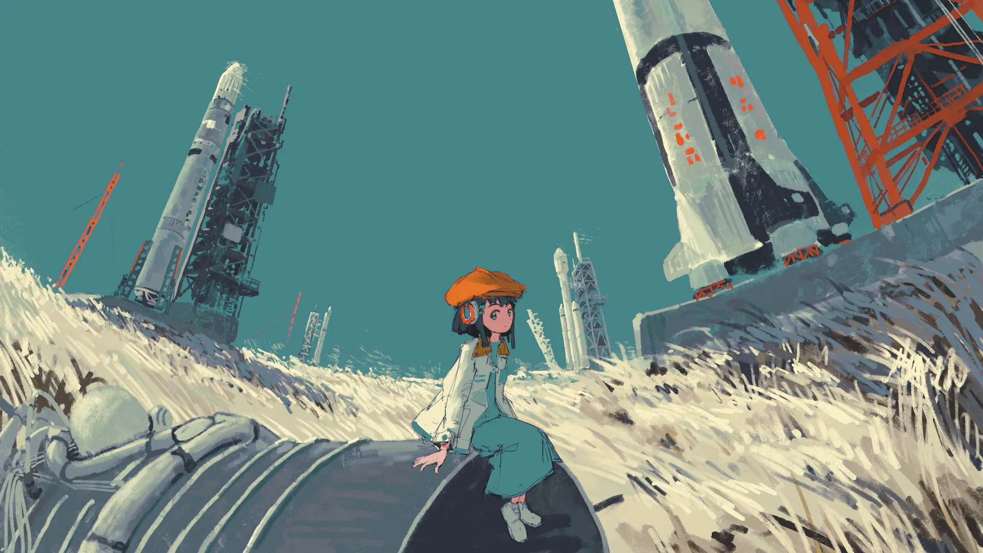 坐着 户外 短发 插图 动漫 女孩 帽子 火箭 发射 草 耳机 白鞋 蓝色连衣裙 天空 晴朗 4K壁纸