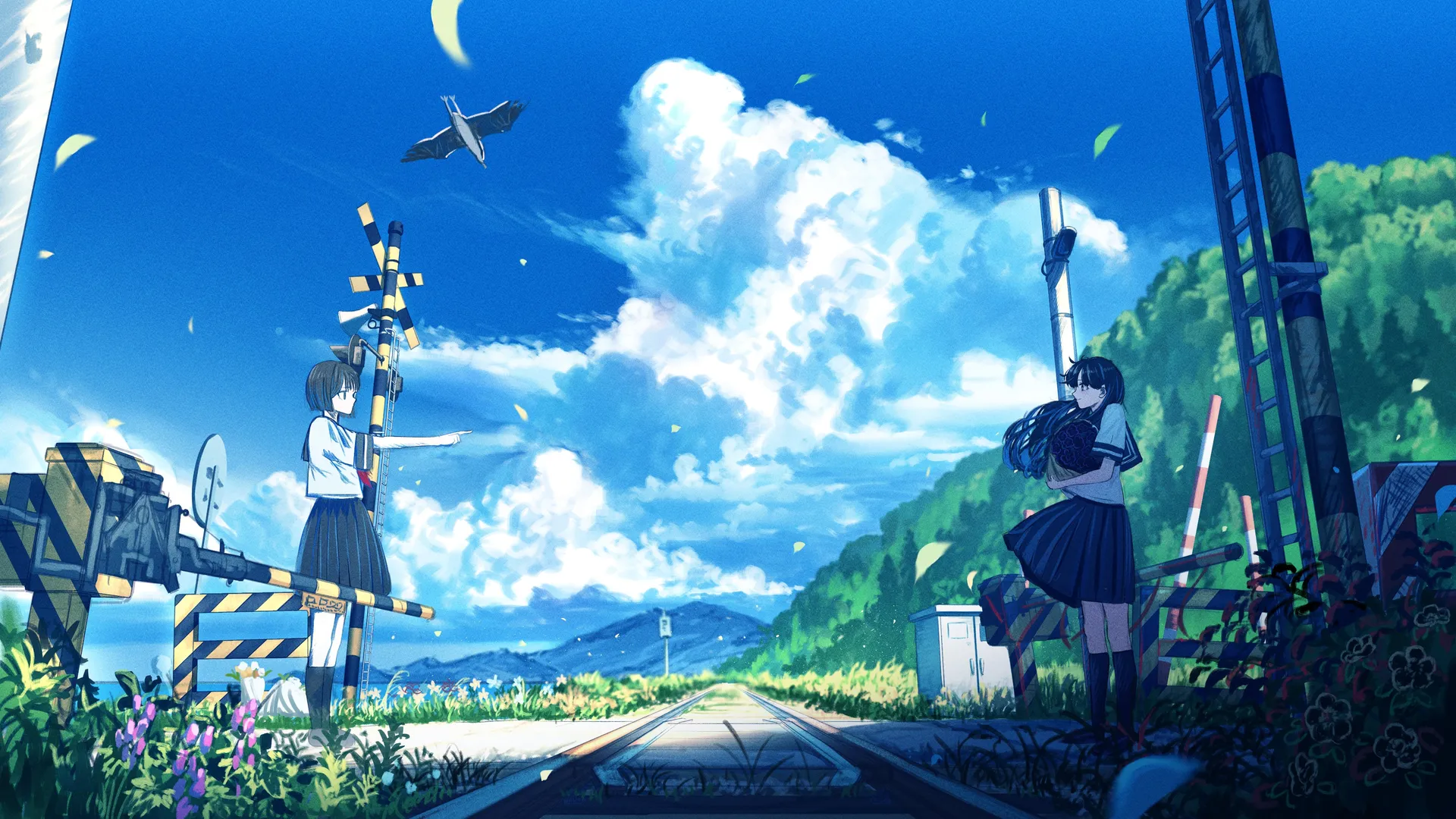 手指 站立 校服 动漫 女孩 铁路 道口 积云 黑裙子 风 云 鸟 花 天空 黑袜子 树叶 花束 4K壁纸