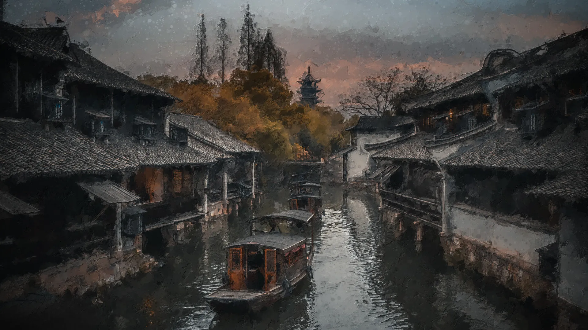 村庄 船 水 倒影 树木 天空 建筑 乌镇 4K壁纸