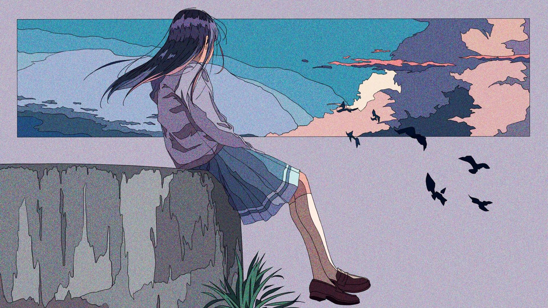 长发 坐着 动漫 女孩 鸟 天空 草 云 山 裙子 夹克 长裙 叶子 鞋 低音号 悬崖 天际线 水 4K壁纸