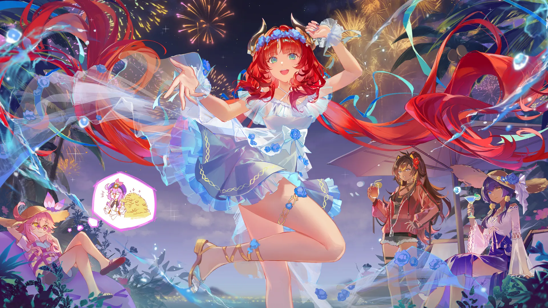 微笑 长发 红发 蓝眼睛 粉红头发 帽子 女人 紫色头发 动漫 女孩 太阳帽 黄色眼睛 花朵 烟花 夜 天空 树叶 蓝色指甲 饮料   4K壁纸