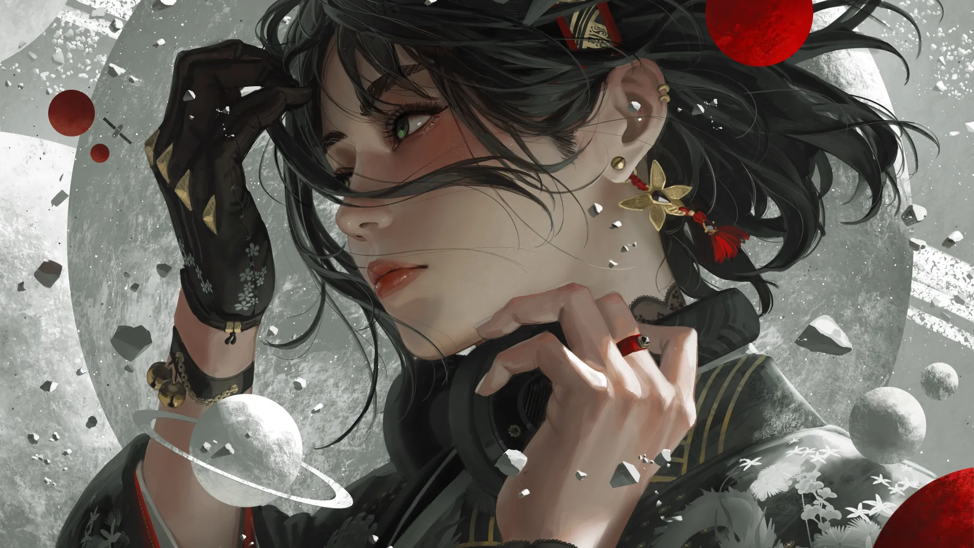 女人 绿眼睛 脸 绘画 特写 耳机 行星 卫星 耳环 手套 流苏 耳环 黑发 头带 8K壁纸
