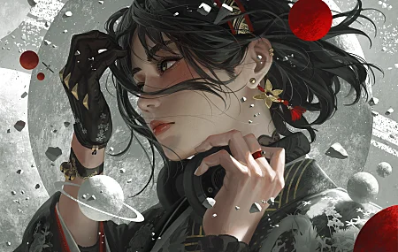 女人 绿眼睛 脸 绘画 特写 耳机 行星 卫星 耳环 手套 流苏 耳环 黑发 头带 8K壁纸