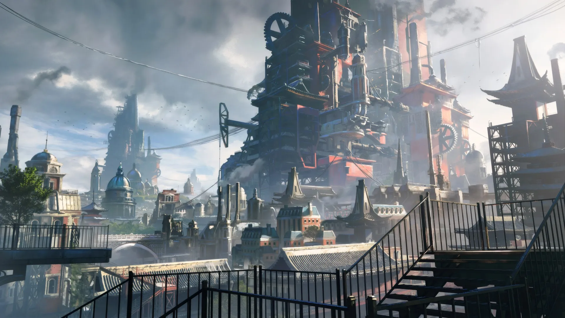 112233风景 蒸汽 朋克 工厂 云 黑烟 电缆 楼梯 阳光 扶手 天空 建筑 4K壁纸