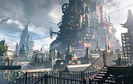 风景 蒸汽 朋克 工厂 云 黑烟 电缆 楼梯 阳光 扶手 天空 建筑 4K壁纸