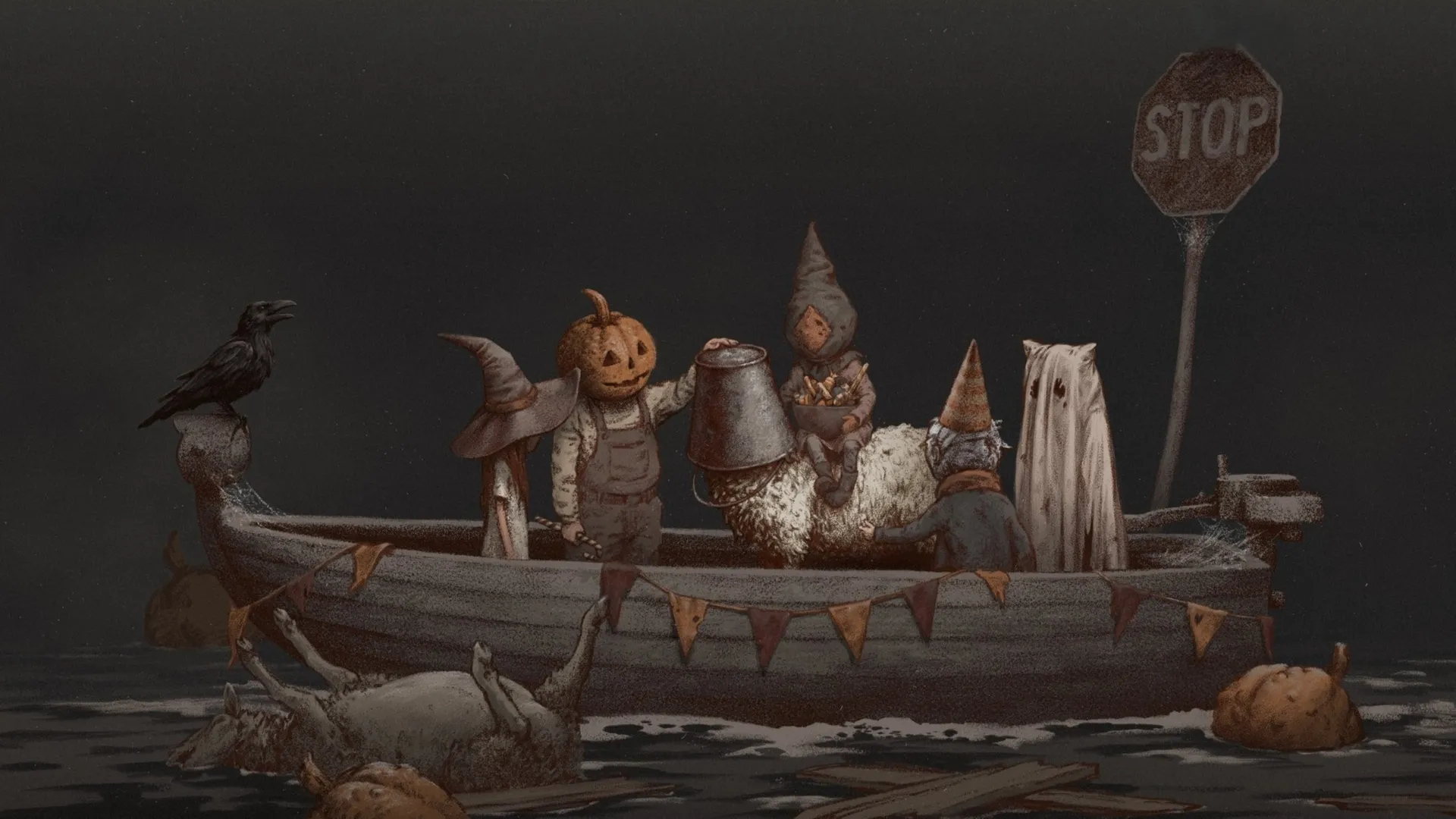 动物园 万圣节 船 乌鸦 南瓜 羊 女巫帽 简单背景 水 4K壁纸