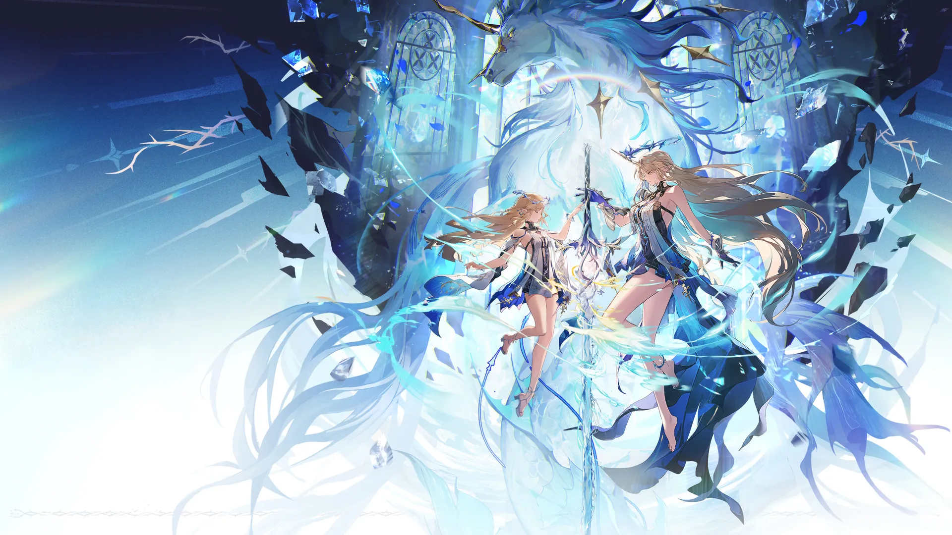 两个女人 电子 游戏 女孩 金发 长发 腿 赤脚 呼啸波 手套 尖耳朵 简单背景 独角兽 漂浮 放大 4K壁纸