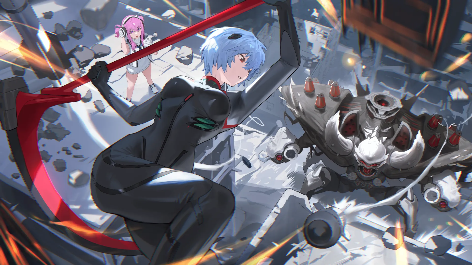 视频 游戏 角色 蓝色头发 短发 插图 动漫 女孩 新世纪福音战士 胜利女神 镰刀 武器 战斗 机器人 绫波丽 紧身衣  4K壁纸