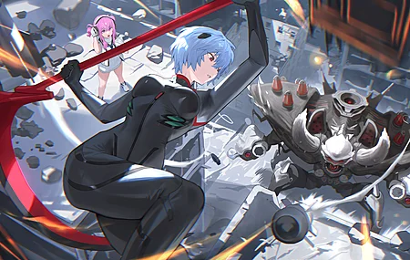 视频 游戏 角色 蓝色头发 短发 插图 动漫 女孩 新世纪福音战士 胜利女神 镰刀 武器 战斗 机器人 绫波丽 紧身衣  4K壁纸