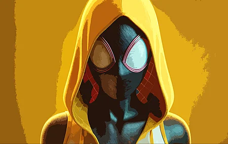 女性 蜘蛛女 蜘蛛侠 兜帽 斗篷 角色 CGI 简单背景 黄色 兜帽 黄色背景 极简主义 特写 4K壁纸