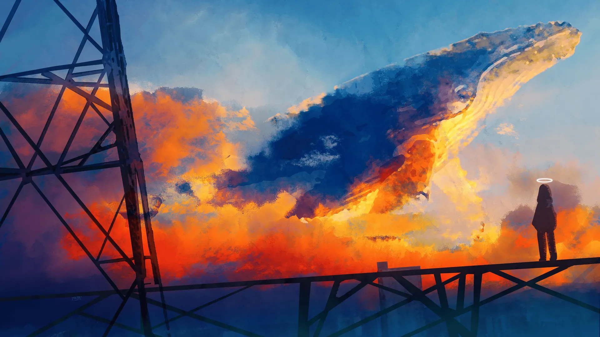 站立 插图 色彩缤纷 蓝鲸 幻想 风景 剪影 水彩 光环 日落 云彩 天空 塔 城市 鲸鱼 动物 飞鲸 4K壁纸