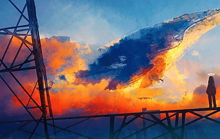 站立 插图 色彩缤纷 蓝鲸 幻想 风景 剪影 水彩 光环 日落 云彩 天空 塔 城市 鲸鱼 动物 飞鲸 4K壁纸