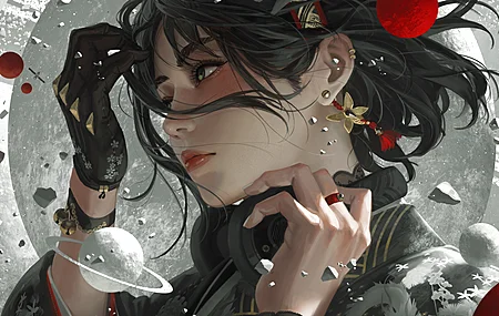 女人 绿眼睛 脸 绘画 特写 耳机 行星 卫星 耳环 手套 流苏 耳环 黑发 头带 8K壁纸