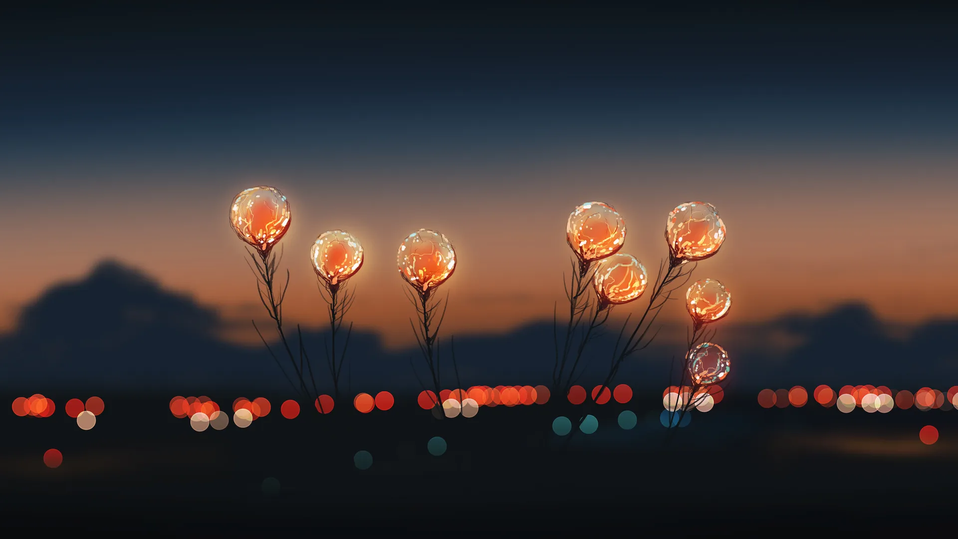 纤细 剪影 宽屏幕 天空 梯度 花 山 光 日落 散景 模糊背景 特写 镜头 日光 4K壁纸