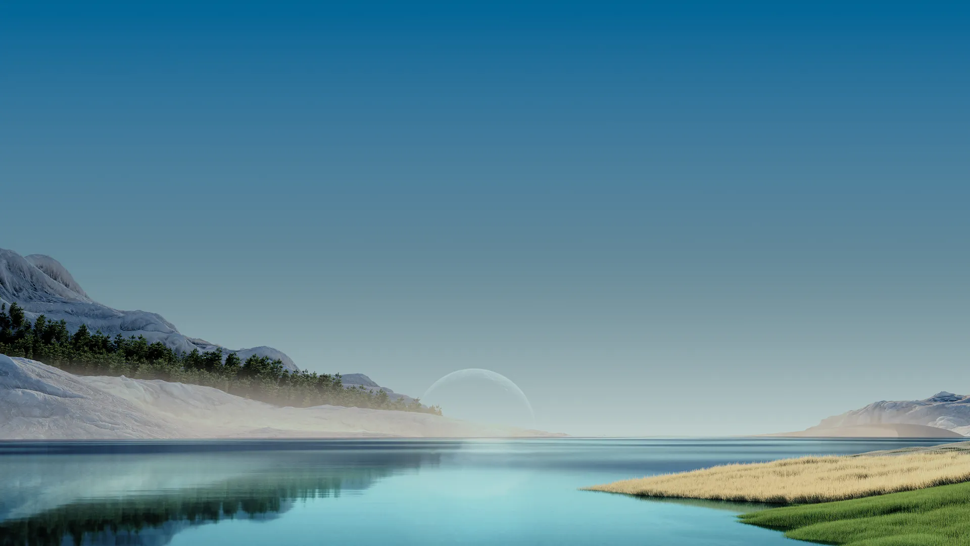 自然 水 月亮 天空 田野 草 晴朗 天空 倒影 树木 4K壁纸