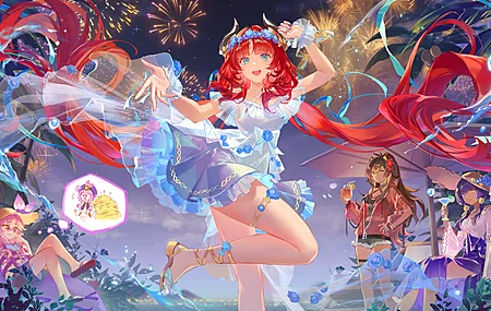 微笑 长发 红发 蓝眼睛 粉红头发 帽子 女人 紫色头发 动漫 女孩 太阳帽 黄色眼睛 花朵 烟花 夜 天空 树叶 蓝色指甲 饮料   4K壁纸