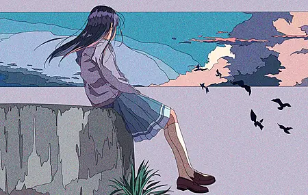 长发 坐着 动漫 女孩 鸟 天空 草 云 山 裙子 夹克 长裙 叶子 鞋 低音号 悬崖 天际线 水 4K壁纸